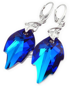 Kryształy Piękne Kolczyki Blue Leaf Long Srebro