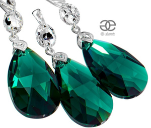 CRYSTALS BEAUTIFUL EARRINGS PENDANT EMERALD GLOSS STERLING SILVER