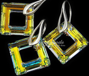 CRYSTALS BEAUTIFUL EARRINGS PENDANT AURORA SQUARE STERLING SILVER