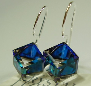 EARRINGS CRYSTALS CRYSTALS *BLUE CUBE 8MM* STERLING SILVER CERTIFICATE