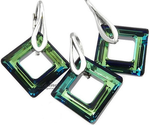 CRYSTALS BEAUTIFUL EARRINGS PENDANT BLUE SQUARE STERLING SILVER 925