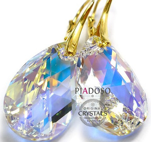 CRYSTALS BEAUTIFUL EARRINGS PENDANT AURORA GOLD PLATED STERLING SILVER