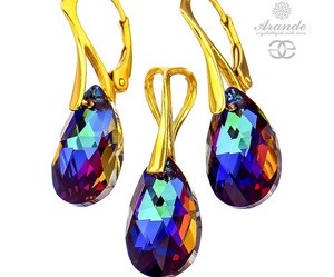 NEW CRYSTALS SPECIAL EARRINGS PENDANT MERIDIAN BLUE GOLD PLATED STERLING SILVER