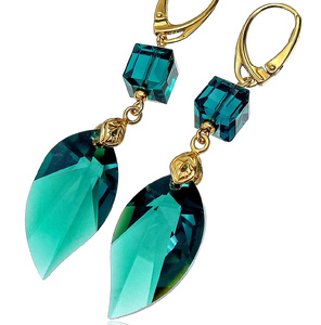 EARRINGS CRYSTALS CRYSTALS *EMERALD LEAF* STERLING SILVER 24K GOLD PLATED (1) (1)