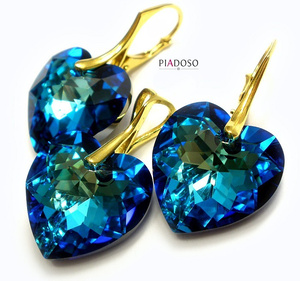 CRYSTALS EARRINGS PENDANT CHAIN BLUE HEART GOLD PLATED STERLING SILVER