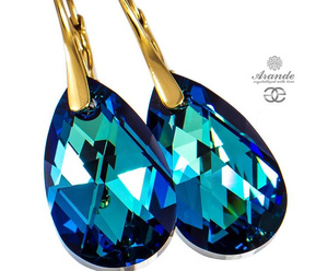 CRYSTALS BEUATIFUL EARRINGS BERMUDA BLUE GOLD PLATED STERLING SILVER