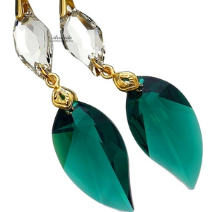 CRYSTALS UNIQUE EARRINGS PENDANT EMERALD LEAF GOLD PLATED STERLING SILVER