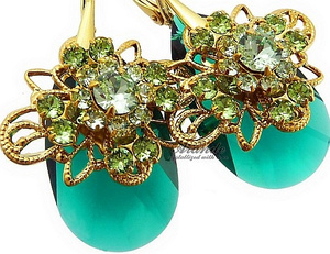 CRYSTALS UNIQUE EARRINGS EMERALD VENUE GOLD PLATED STERLING SILVER