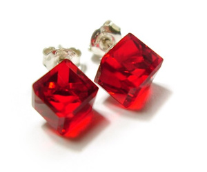 EARRINGS CRYSTALS CRYSTALS RED CUBE STERLING SILVER HANDMADE CERTIFICATE