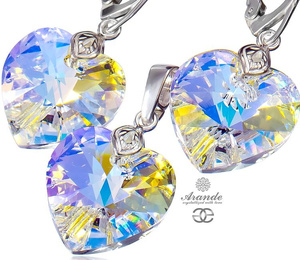 Kryształy piękny komplet serce AURORA SREBRO