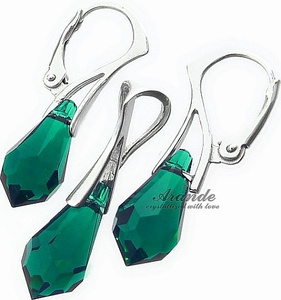 CRYSTALS BEAUTIFUL EARRINGS PENDANT EMERALD STERLING SILVER 925