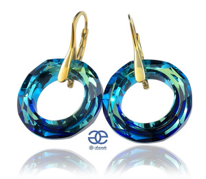 CRYSTALS BEAUTIFUL EARRINGS BERMUDA BLUE RING GOLD PLATED STERLING SILVER