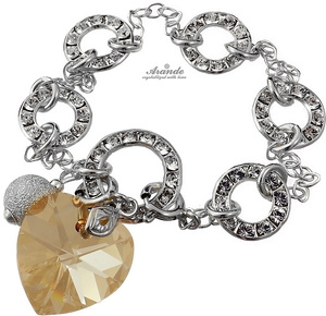 CRYSTALS BEAUTIFUL BRACELET CRYSTALEAR GOLDEN HEART CHARMS STERLING SILVER 925