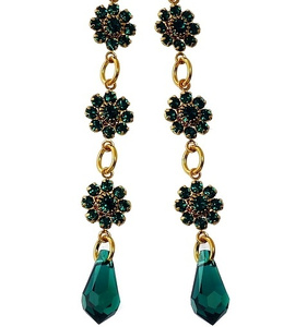 NEW CRYSTALS CRYSTALS *EMERALD FEEL LONG* EARRINGS GOLD PLATED STERLING SILVER