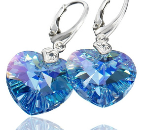 Kryształy Duże Serca Kolczyki Niebieskie Sapphire Heart Srebro