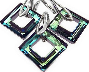 CRYSTALS CRYSTALS *BLUE SQUARE* EARRINGS+PENDANT STERLING SILVER CERTIFICATE