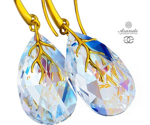 CRYSTALS DECORATIVE EARRINGS BLUE AURORA GOLD PLATED STERLING SILVER