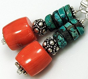 NATURAL CORAL AND TURQUOISE BEAUTIFUL EARRINGS STERLING SILVER 925