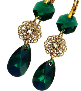 CRYSTALS BEAUTIFUL EARRINGS EMERALD FEEL GOLD PLATED STERLING SILVER