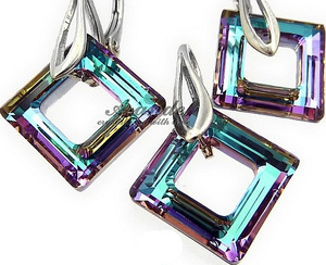 CRYSTALS CRYSTALS *VITRAIL SQUARE* EARRINGS+PENDANT STERLING SILVER CERTIFICATE