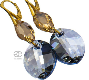 Kryształy Piękne Długie Kolczyki Blue Shade Gold Złote Srebro