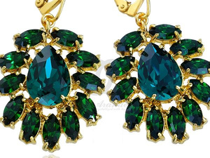CRYSTALS UNIQUE EARRINGS AZURE EMERALD GOLD PLATED STERLING SILVER