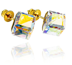 Duże Kryształy Kolczyki Sztyfty Aurora Cube Gold Złote Srebro