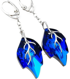 CRYSTALS UNIQUE EARRINGS PENDANT BLUE LEAF LONG STERLING SILVER 925