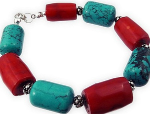 TURQUOISE BRACELET NATURAL CORAL STERLING SILVER