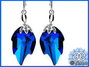 CRYSTALS BEAUTIFUL SPECIAL EARRINGS PENDANT BLUE LEAF STERLING SILVER 925
