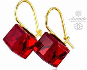 CRYSTALS BEAUTIFUL EARRINGS *SIAM CUBE* GOLD PLATED STERLING SILVER