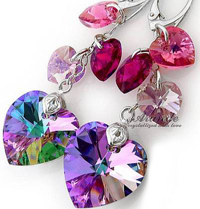 CRYSTALS BEAUTIFUL EARRINGS HEART MIX VITRAIL ROSE STERLING SILVER
