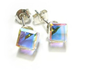 CRYSTALS CRYSTALS AURORA CUBE EARRINGS PENDANT CHAIN STERLING SILVER 925