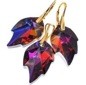 CRYSTALS BEAUTIFUL EARRINGS PENDANT MOONLIGHT LEAF GOLD PLATED STERLING SILVER (1)