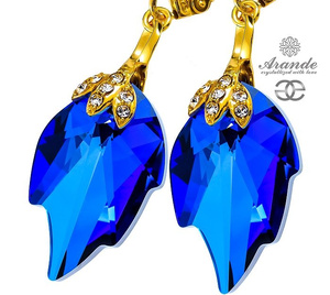 CRYSTALS UNIQUE EARRINGS BLUE LEAF SPECIAL 24K GOLD PLATED SILVER
