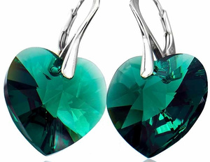 CRYSTALS EARRINGS *EMERALD HEART* STERLING SILVER 925