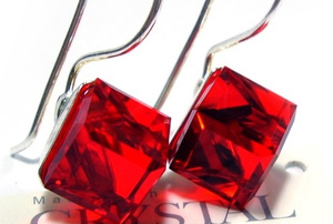 EARRINGS CRYSTALS CRYSTALS *RED CUBE 8MM* STERLING SILVER 925 CERTIFICATE
