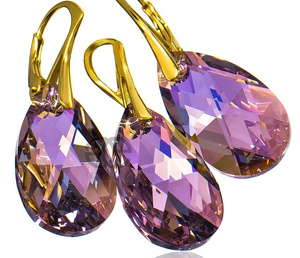 NEW CRYSTALS EARRINGS PENDANT LIGHT AMETHYST AB GOLD PLATED STERLING SILVER
