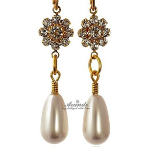 CRYSTALS PEARLS EARRINGS GOLD PLATED STERLING SILVER 925 WEDDING CERTIFICATE