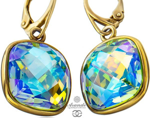 NEW CRYSTALS EARRINGS PERIDOT BLUE AURORA SQUARE GOLD PLATED STERLING SILVER