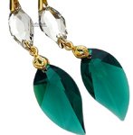 EARRINGS CRYSTALS CRYSTALS *EMERALD LEAF* STERLING SILVER 24K GOLD PLATED