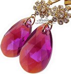 CRYSTALS UNIQUE EARRINGS PENDANT FUCHSIA FEEL GOLD PLATED STERLING SILVER