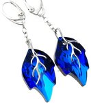 CRYSTALS CRYSTALS *BLUE LEAF LONG* UNIQUE EARRINGS STERLING SILVER 925