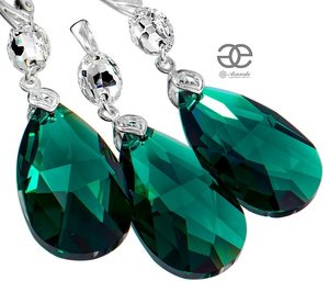 Kryształy piękne kolczyki+wisiorek EMERALD GLOSS SREBRO