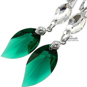 Kryształy Piękne Długie Kolczyki Emerald Leaf