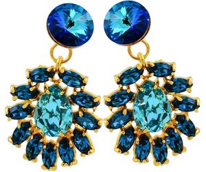 CRYSTALS UNIQUE EARRINGS BLUE AZURE FLOW GOLD PLATED SILVER
