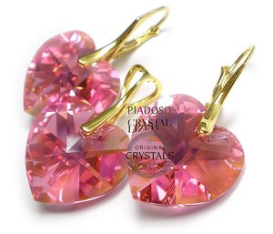 CRYSTALS BEAUTIFUL EARRINGS PENDANT ROSE HEART GOLD PLATED STERLING SILVER