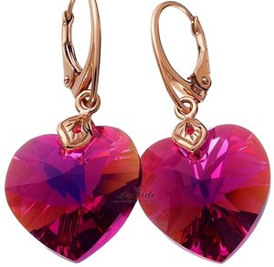 CRYSTALS BEAUTIFUL EARRINGS FUCHSIA HEART ROSE GOLD PLATED STERLING SILVER