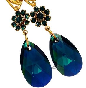CRYSTALS BEAUTIFUL EARRINGS EMERALD FLOW GOLD PLATED STERLING SILVER