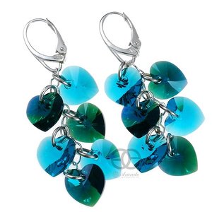 Kryształy Piękne Długie Kolczyki Serca Srebro Blue Emerald